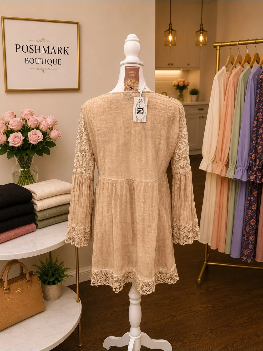 Treasures Clothing Co Gypsy Tunic One Size NWT Beaded Lace Boho Bell Sleeve